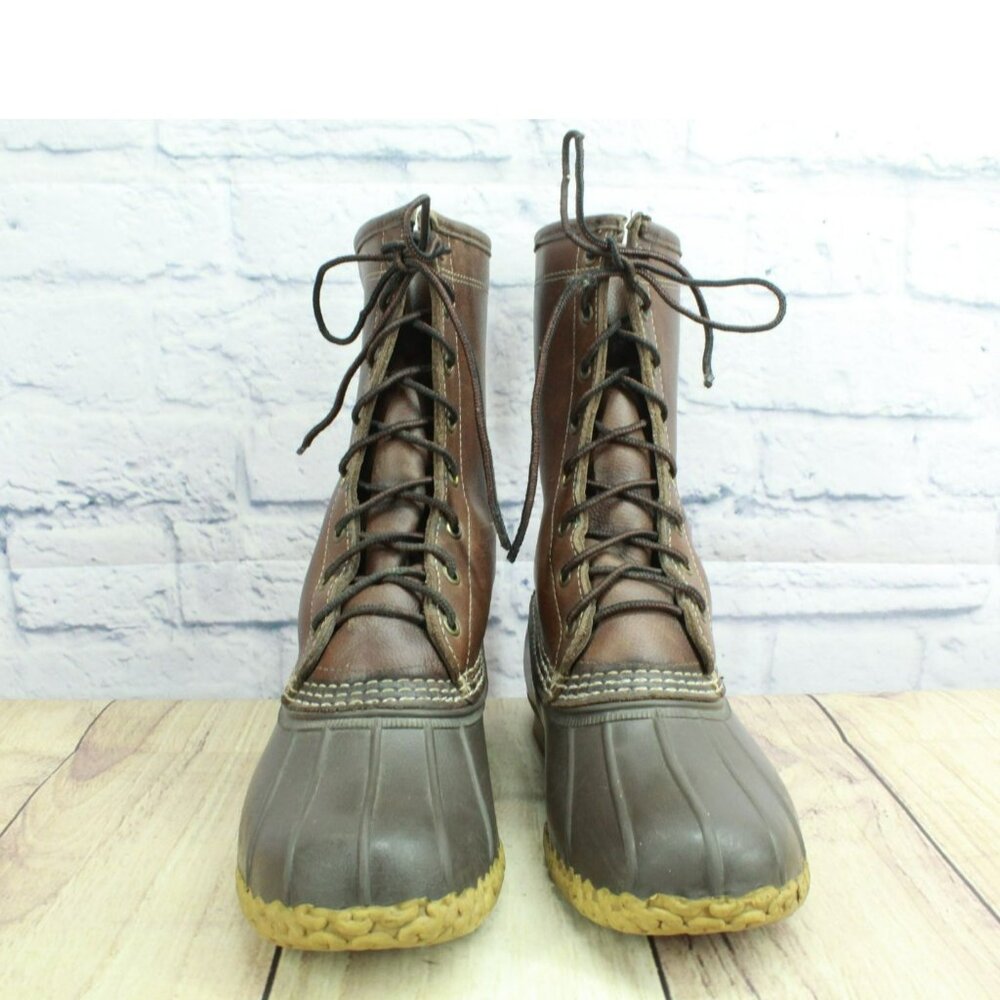LL Bean Brown Leather Lace Up Insulated Shearling Lined Mid Calf Duck Boots 8 M - Picture 4 of 10